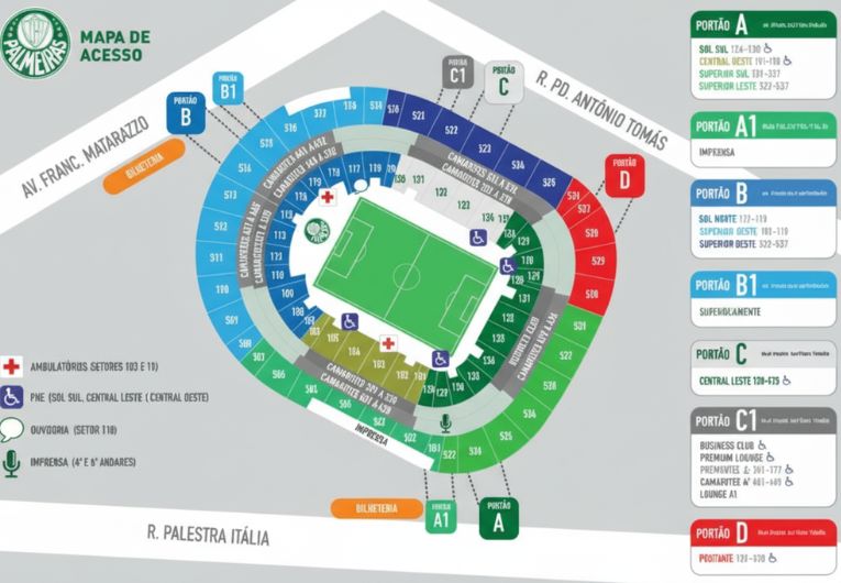 Mapa dos setores do Allianz Parque com divisão de arquibancadas e áreas de ingressos