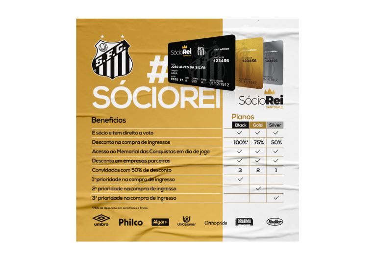 Benefícios do programa Sócio Rei do Santos Futebol Clube, com vantagens para o torcedor