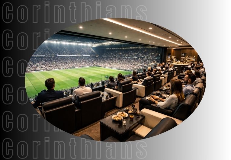 Camarote da Arena Corinthians com visão privilegiada do campo e estrutura VIP