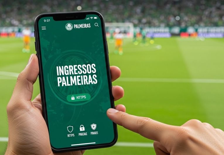 Compra de ingresso do Palmeiras pelo celular com estádio ao fundo, destacando segurança na aquisição online