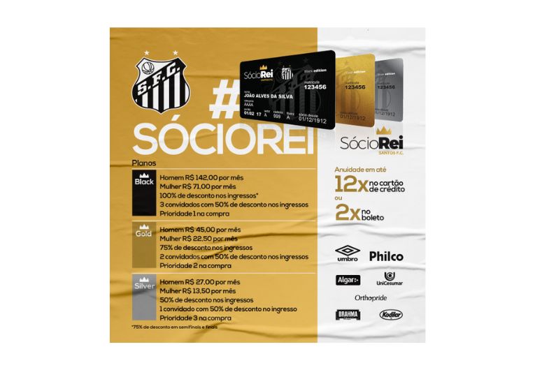 Planos e valores do programa Sócio Rei do Santos Futebol Clube apresentados em material informativo