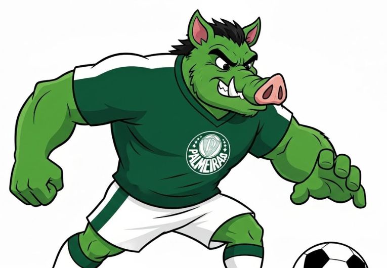 Mascote Porco do Palmeiras em ilustração oficial representando a identidade do clube